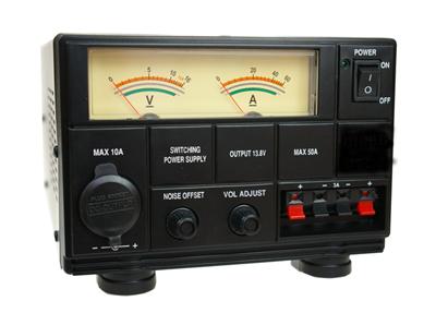 <div class="tab_page" id="tab_pictures">
	Technical data:<br />
	<br />
	<ul>
		<li>
			Operating voltage 220-230V AC / 50-60 Hz</li>
		<li>
			Optional adjustable output voltage 9-15V DC or 13.8 V DC fixed voltage</li>
		<li>
			50 A constant output current / 55 A briefly</li>
		<li>
			Output voltage regulation &lt;2%<br />
			<br />
			Facilities &amp; Safety:<br />
			&nbsp;</li>
		<li>
			Two-lit analog instruments to display volts and amps</li>
		<li>
			Fixed voltage switch on the back of 13.8 V DC</li>
		<li>
			Rugged metal housing with base</li>
		<li>
			Operation LED display</li>
		<li>
			On / Off switch</li>
		<li>
			DC output jacks on the back</li>
		<li>
			Cigarette lighter socket on the front for small consumers up to 10 A</li>
		<li>
			DC terminal block on the front for small consumers to 3 A</li>
		<li>
			Noise offset wheel for suppressing noise</li>
		<li>
			Fan on the back</li>
		<li>
			Built-in backup</li>
		<li>
			Short circuit protection</li>
		<li>
			Overload Protection</li>
		<li>
			Dimensions W x H x D 170 mm x 125 mm x 260 mm (excluding protrusions)</li>
		<li>
			Weight 2.68 kg</li>
		<li>
			<strong>PRICE &euro;179</strong></li>
	</ul>
</div>
<p>
	&nbsp;</p>
