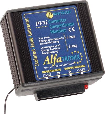 <div class="seperate">
<h3>Description of Alfatronix PV3I</h3>
<p class="description">High Quality 24 volt to 12 volt, 3-6 amp isolated dropper.</p>
<p class="description">Suitable for petro-chemical applications</p>
<div class="seperate">
<h3>&nbsp;Specification</h3>
<p>Typical applications include: installations of mobile and cellular radio communications equipment, telemetry systems, refrigeration, televisions etc on trucks, buses, forestry and off road vehicles as well as boats and yachts and a variety of industrial applications.</p>
</div>
</div>