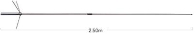 <p>
	Length: 2.5 meter.<br />
	Radial Length: approx. 52 cm.<br />
	Weight: 1.2 Kg<br />
	Gain: 6.0 dB (144MHz), 8.0 dB (430MHz)<br />
	Max Power Rating: 200W FM (Total)<br />
	Impedance: 50 Ohm<br />
	VSWR: Less than 1.5:1<br />
	Rated Wind Velocity: 50 m/sec.<br />
	Mast Diameter Accepted: 30mm to 62mm.<br />
	Connector: N-Female (NJ)<br />
	Type: 2x5/8 wave (144MHz),4x5/8 wave (430MHz),FRP outershell</p>
<p>
	PRICE &euro;120</p>
